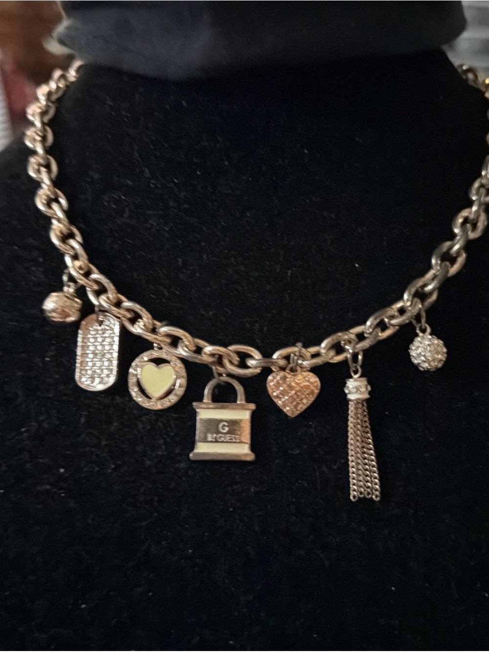 GUESS Gold-Tone Charm Necklace with Heart Lock & Tassel